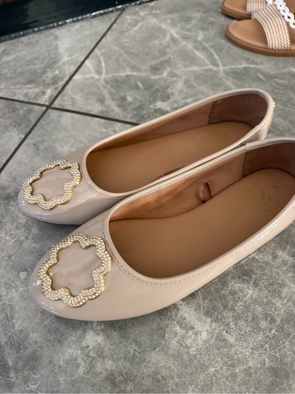 Patent Leather Nude Ballet Flats with Decorative Embellishment